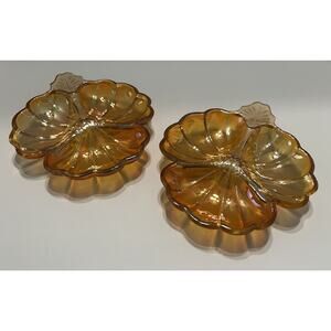 2 Vtg Jeanette Carnival Glass Marigold Shamrock Leaf Divided Candy Relish Dishes
